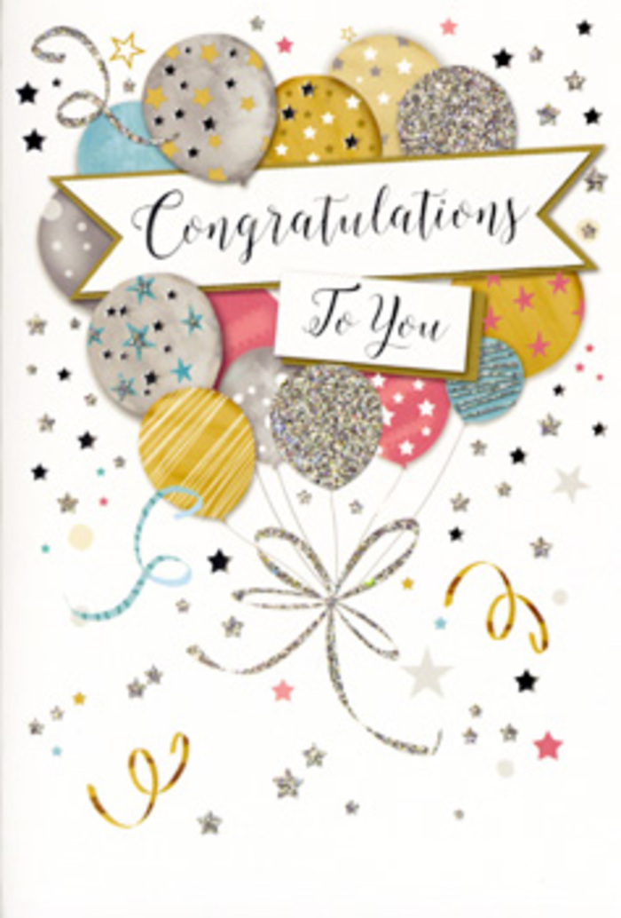 The congratulations card depicted here radiates a gentle, sophisticated joy, the kind of feeling that often fills our Brent Flowers shop when we prepare arrangements for proud families and friends. At the heart of the design is a rich cluster of balloons, arranged in a domed, bouquet-like shape that rises from the bottom edge of the card and fills the central space. The balloons are painted in a balanced palette of metallic gold, champagne beige, polished silver, pastel blue, delicate blush pink, and subdued grey. Each one is a little work of art: some are sprinkled with tiny starbursts, others wrapped in fine stripes or dusted with glittery accents that catch an implied light. Soft shadows along their lower curves and subtle highlights along their tops give them a rounded, dimensional presence, as if they could gently sway in the air over a celebration in Gladstone Park. Fine, curling ribbons trail downward from the bouquet in shimmering gold and silver, looping and twisting in graceful arcs that mirror the curves of floral stems wrapped with satin ribbon. Moving across the centre of the card, a smooth banner unfurls with a faint upward curve, bearing the sentiment Congratulations To You in elegant, sweeping script. The lettering adds structure and focus, drawing the eye to the central message before allowing it to wander back to the surrounding details. Tiny stars, confetti dots, and swirling line motifs scatter lightly around the balloons against a pale, open background, evoking the softness of confetti floating after a cheer. Overall, the design strikes a perfect balance between festivity and refinement, making this card a beautiful companion to any congratulatory bouquet delivered across Brent.