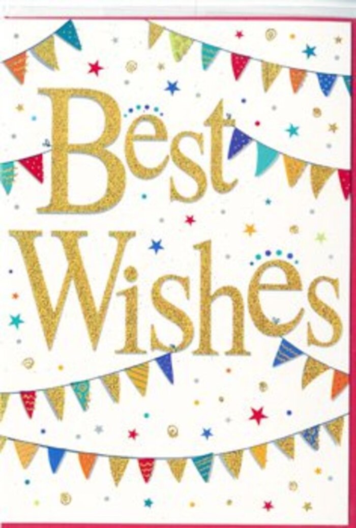 This congratulations card design feels like the paper equivalent of a small party in Brent, as if it might accompany a bouquet delivered to a doorstep in Harlesden or Queensbury. The focal point is the message Best Wishes, displayed in large, elegant script that sweeps confidently across the centre of the card. The letters are rendered in gleaming gold foil, embossed to create a raised texture you can almost sense just by looking. Under soft light, the gold shifts gently from warm honey to bright, reflective highlights, evoking the sparkle of confetti or the glow of candles at a celebration. Surrounding the message, curved strands of bunting stretch from one side of the card to the other, one garland above and one below the words. Each small triangular flag is vividly coloured-deep sapphire, forest green, cranberry red, sunny yellow, and teal-some left as clean blocks of colour, others decorated with petite dots, stripes, or intricate repeating patterns. These flags look joyful and slightly whimsical, reminiscent of decorations strung across local community events in areas like Neasden or Kilburn. Dotted throughout the open spaces are tiny star shapes and colourful confetti-like circles, scattered as if thrown into the air at the height of a cheer. Against the pure white background, the gold lettering and rainbow bunting stand out with crystal clarity, giving the design a feel that is both modern and timeless. The overall impression is one of sincere, uplifting celebration, ideal for congratulating a new baby, honouring an achievement, or sending supportive wishes. It is easy to picture this card nestled among fresh blooms from Brent Flowers, carried out for same-day delivery across the borough.