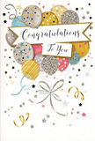 This image shows a beautifully illustrated congratulations card that feels as if it has captured the essence of a party just after the moment of applause in a home near Kensal Rise. Dominating the composition is a generous bouquet of balloons that appears to be floating upward from the lower part of the card, the shapes layered to create depth and a sense of fullness. The colour palette is both celebratory and tasteful: gentle gold, champagne, silver, soft blue, rosy blush, and muted grey. Each balloon has its own unique embellishment-tiny scattered stars, fine linear patterns, or a dusting of glitter-like specks-making them individually distinctive while still harmonising together, much like carefully chosen blooms in a mixed bouquet. The artist has used subtle shading and highlights to give the balloons rounded, almost velvety surfaces that catch imaginary light. From the base of the cluster, slender gold and silver ribbons twist and fall in looping curls, adding motion and playfulness as they cross one another like the weaving streets of Brent. Cutting through the composition, a graceful, gently arched banner carries the message Congratulations To You in smooth, flowing calligraphy, its dark ink contrasting softly against the light background. Around this main motif, the negative space is sprinkled with delicate stars, spirals, and confetti-like accents in metallic tones, suggesting a gentle shower of sparkles around the central celebration. The card's overall mood is warm, polished, and uplifting-a perfect visual partner for fresh flowers when you want to convey pride, encouragement, and heartfelt congratulations to someone special living in or around Brent.